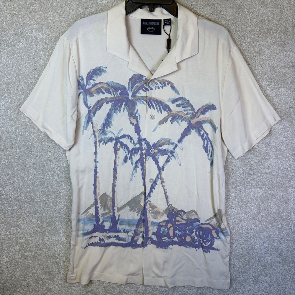 Harley-Davidson Button Shirt Men Small Beige Tropical Palm Tree Rayon Hawaiian